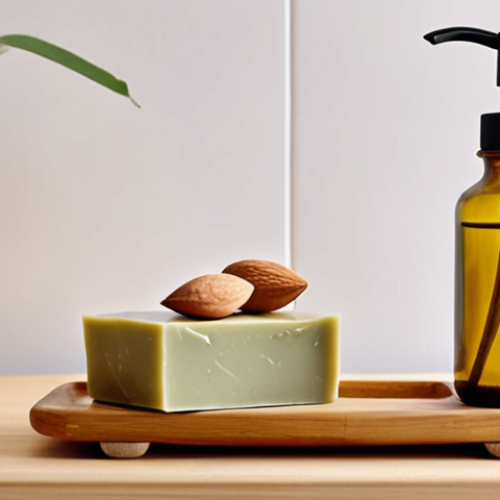 Home 15 **Image Prompt:** A brightly lit, minimalist bathroom scene. On a wooden shelf, there are several zero-waste skincare items: a green clay and olive oil soap bar on a small wooden dish, a reusable bamboo makeup wipe next to a small glass bottle filled with almond and jojoba oil, and a small open jar of shea butter. The background is blurred, suggesting a clean and natural atmosphere.