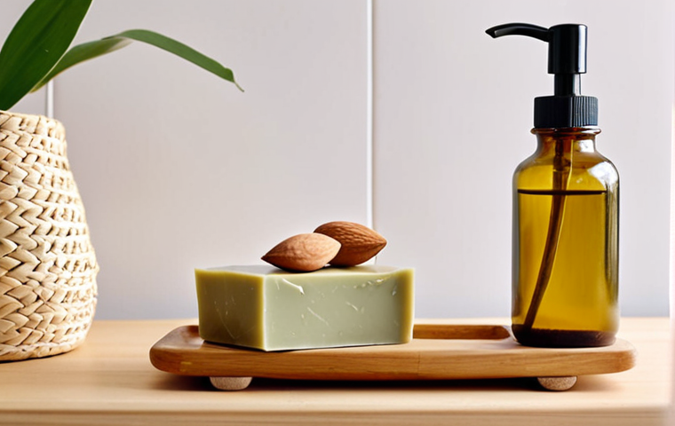**Image Prompt:** A brightly lit, minimalist bathroom scene. On a wooden shelf, there are several zero-waste skincare items: a green clay and olive oil soap bar on a small wooden dish, a reusable bamboo makeup wipe next to a small glass bottle filled with almond and jojoba oil, and a small open jar of shea butter. The background is blurred, suggesting a clean and natural atmosphere.