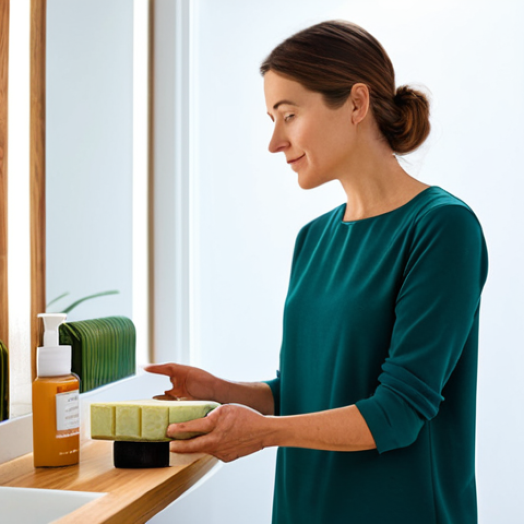 A woman in her late 30s, dressed in a modest, professional-casual outfit, stands in a brightly lit, minimalist eco-friendly bathroom. She holds a beautifully designed solid shampoo bar, examining its texture and small, elegant label with a thoughtful, serene expression. Natural light illuminates the scene, highlighting other refillable cosmetic containers on a clean, wooden shelf in the background. The atmosphere conveys conscious choice and well-being. fully clothed, modest clothing, appropriate attire, professional dress, safe for work, appropriate content, family-friendly, perfect anatomy, correct proportions, natural pose, well-formed hands, proper finger count, natural body proportions.