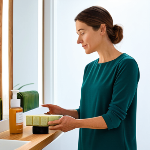Home 7 A woman in her late 30s, dressed in a modest, professional-casual outfit, stands in a brightly lit, minimalist eco-friendly bathroom. She holds a beautifully designed solid shampoo bar, examining its texture and small, elegant label with a thoughtful, serene expression. Natural light illuminates the scene, highlighting other refillable cosmetic containers on a clean, wooden shelf in the background. The atmosphere conveys conscious choice and well-being. fully clothed, modest clothing, appropriate attire, professional dress, safe for work, appropriate content, family-friendly, perfect anatomy, correct proportions, natural pose, well-formed hands, proper finger count, natural body proportions.