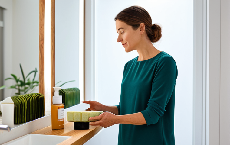 A woman in her late 30s, dressed in a modest, professional-casual outfit, stands in a brightly lit, minimalist eco-friendly bathroom. She holds a beautifully designed solid shampoo bar, examining its texture and small, elegant label with a thoughtful, serene expression. Natural light illuminates the scene, highlighting other refillable cosmetic containers on a clean, wooden shelf in the background. The atmosphere conveys conscious choice and well-being. fully clothed, modest clothing, appropriate attire, professional dress, safe for work, appropriate content, family-friendly, perfect anatomy, correct proportions, natural pose, well-formed hands, proper finger count, natural body proportions.