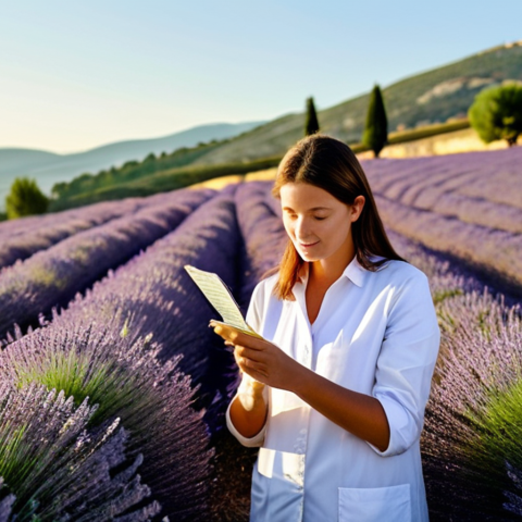 제로웨이스트 화장품의 생산 공정 - Lavender Field Sourcing**
"A sunny, golden-hour shot of a professional skincare ingredient research...