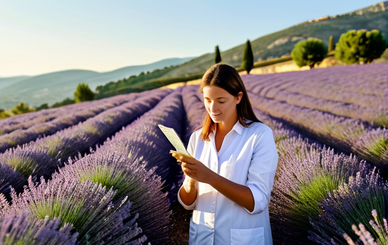 제로웨이스트 화장품의 생산 공정 - Lavender Field Sourcing**
"A sunny, golden-hour shot of a professional skincare ingredient research...