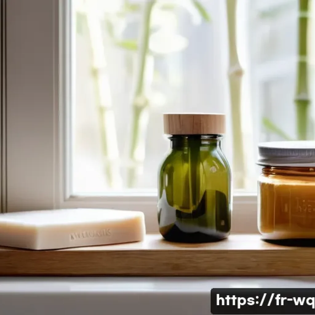 제로웨이스트 화장품의 다양한 사용 방법 - A cozy, minimalist French bathroom scene showcasing a natural beauty routine: a wooden shelf lined w...