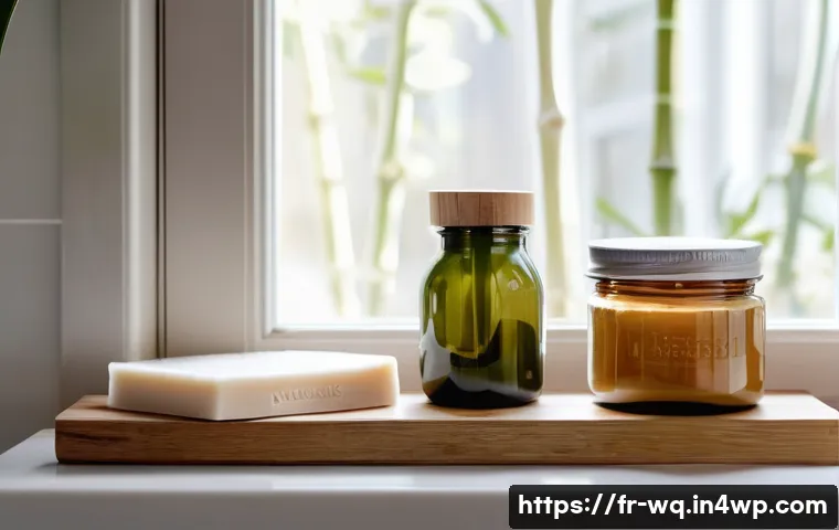 제로웨이스트 화장품의 다양한 사용 방법 - A cozy, minimalist French bathroom scene showcasing a natural beauty routine: a wooden shelf lined w...