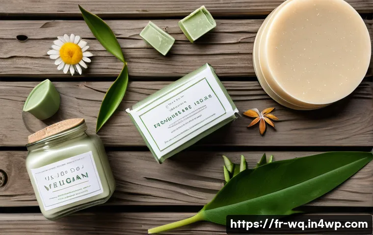 제로웨이스트 화장품과 비건 화장품 비교 - A stylish flat lay of eco-friendly vegan cosmetics on a rustic wooden table, featuring reusable glas...