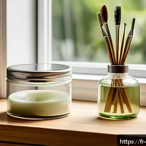 Home 32 제로웨이스트 화장품의 인기 제품 리뷰 - A serene, eco-friendly bathroom scene featuring reusable glass and metal containers for skincare pro...