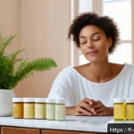 Home 19 제로웨이스트 화장품의 피부 개선 사례 - A serene French woman with clear, glowing skin gently applying a natural solid balm made from shea b...