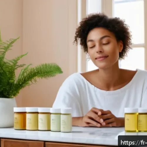 Home 31 제로웨이스트 화장품의 피부 개선 사례 - A serene French woman with clear, glowing skin gently applying a natural solid balm made from shea b...