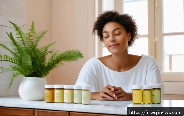제로웨이스트 화장품의 피부 개선 사례 - A serene French woman with clear, glowing skin gently applying a natural solid balm made from shea b...