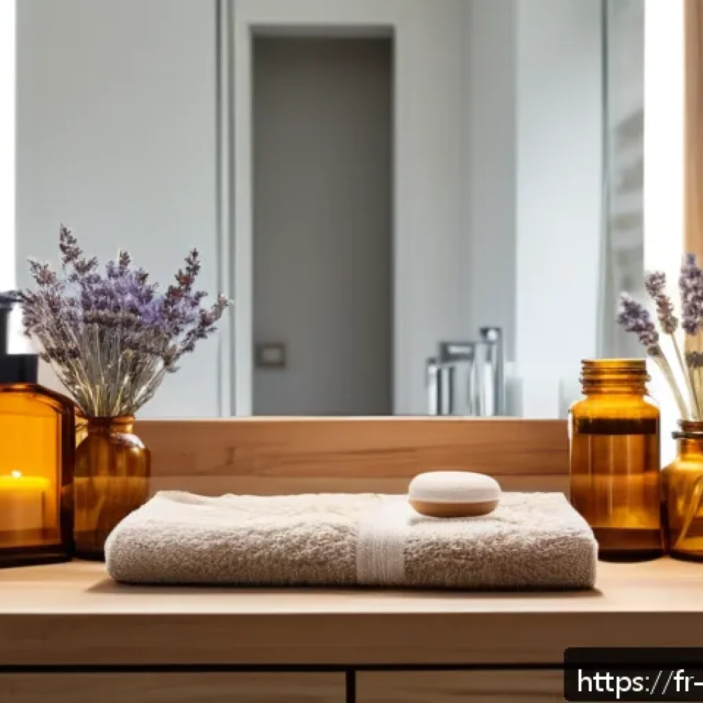제로웨이스트 화장품을 활용한 홈 스파 - A cozy, eco-friendly home spa scene in a modern French bathroom featuring natural wooden shelves and...