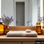 Home 23 제로웨이스트 화장품을 활용한 홈 스파 - A cozy, eco-friendly home spa scene in a modern French bathroom featuring natural wooden shelves and...