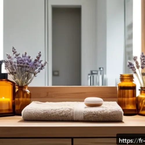 Home 17 제로웨이스트 화장품을 활용한 홈 스파 - A cozy, eco-friendly home spa scene in a modern French bathroom featuring natural wooden shelves and...