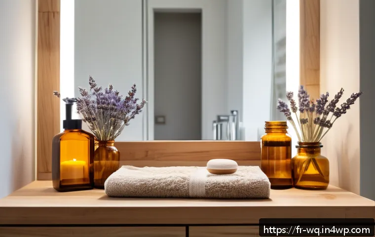 제로웨이스트 화장품을 활용한 홈 스파 - A cozy, eco-friendly home spa scene in a modern French bathroom featuring natural wooden shelves and...