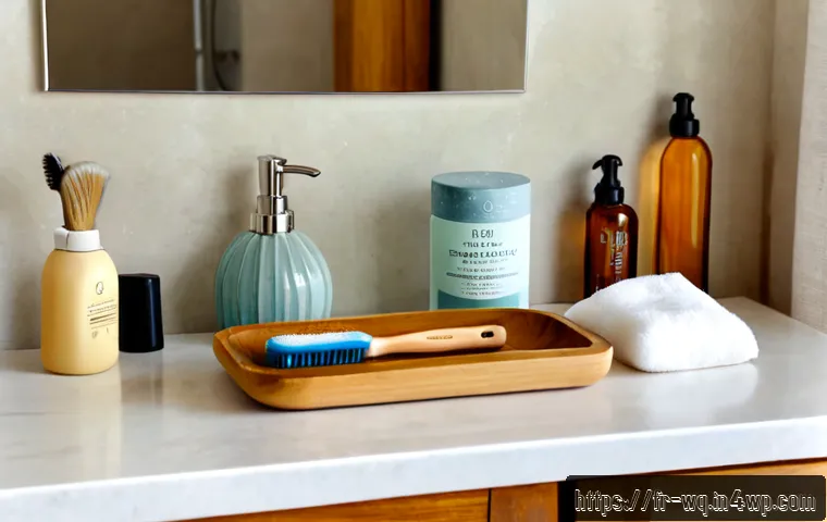 Home 17 제로웨이스트 화장품으로 만드는 세면도구 - Photorealistic zero-waste bathroom essentials arranged neatly on a light oak vanity: bamboo toothbru...